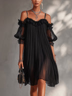 Elegant black mini dress with romantic shoulder detail