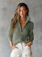 Monica Chic Elegant Beige Half-Zipper Collar Long-Sleeve Loose-Fit Breathable Knit Sweater Top
