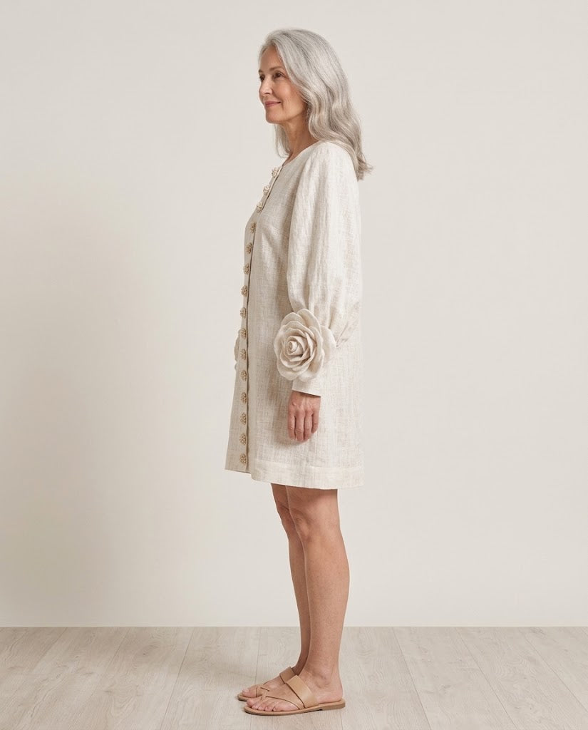 Softly draped shift dress with sculptural rosette cuffs