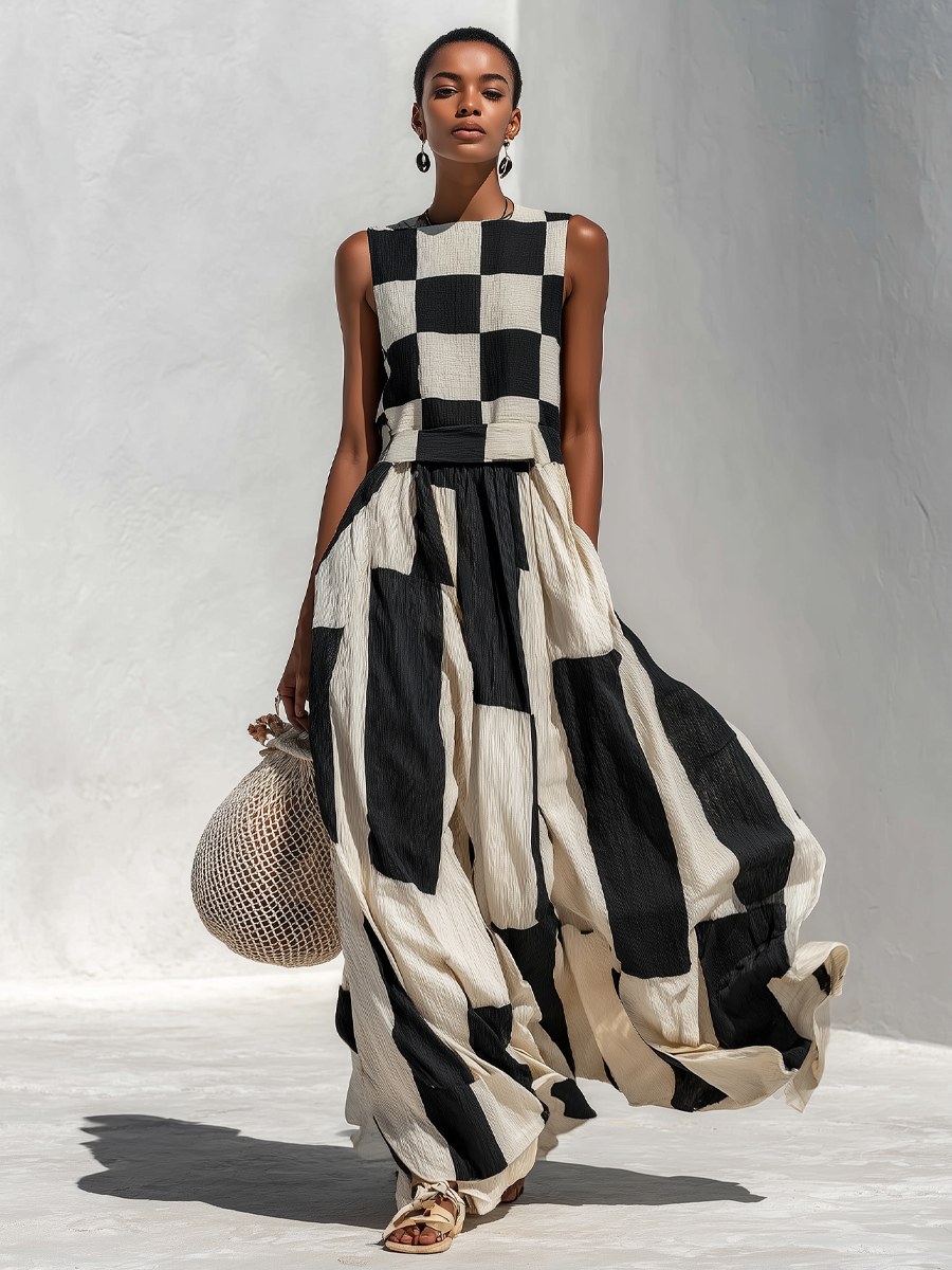 Ardenne™ | Plaid and Stripe Paneling Sleeveless Maxi Dress