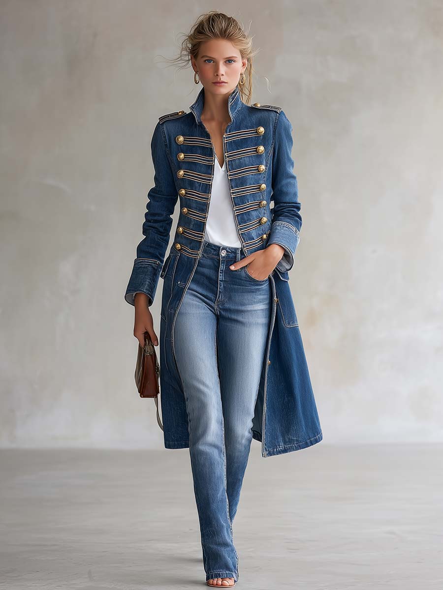 Harriet | Tailored Military-Style Long Denim Coat with Gold Buttons