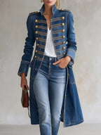 Harriet | Tailored Military-Style Long Denim Coat with Gold Buttons