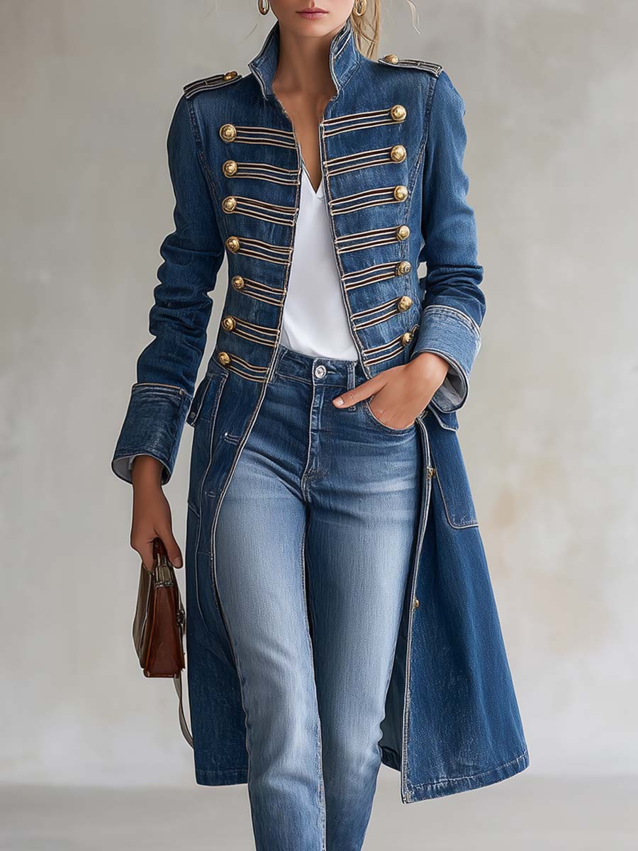 Harriet | Tailored Military-Style Long Denim Coat with Gold Buttons
