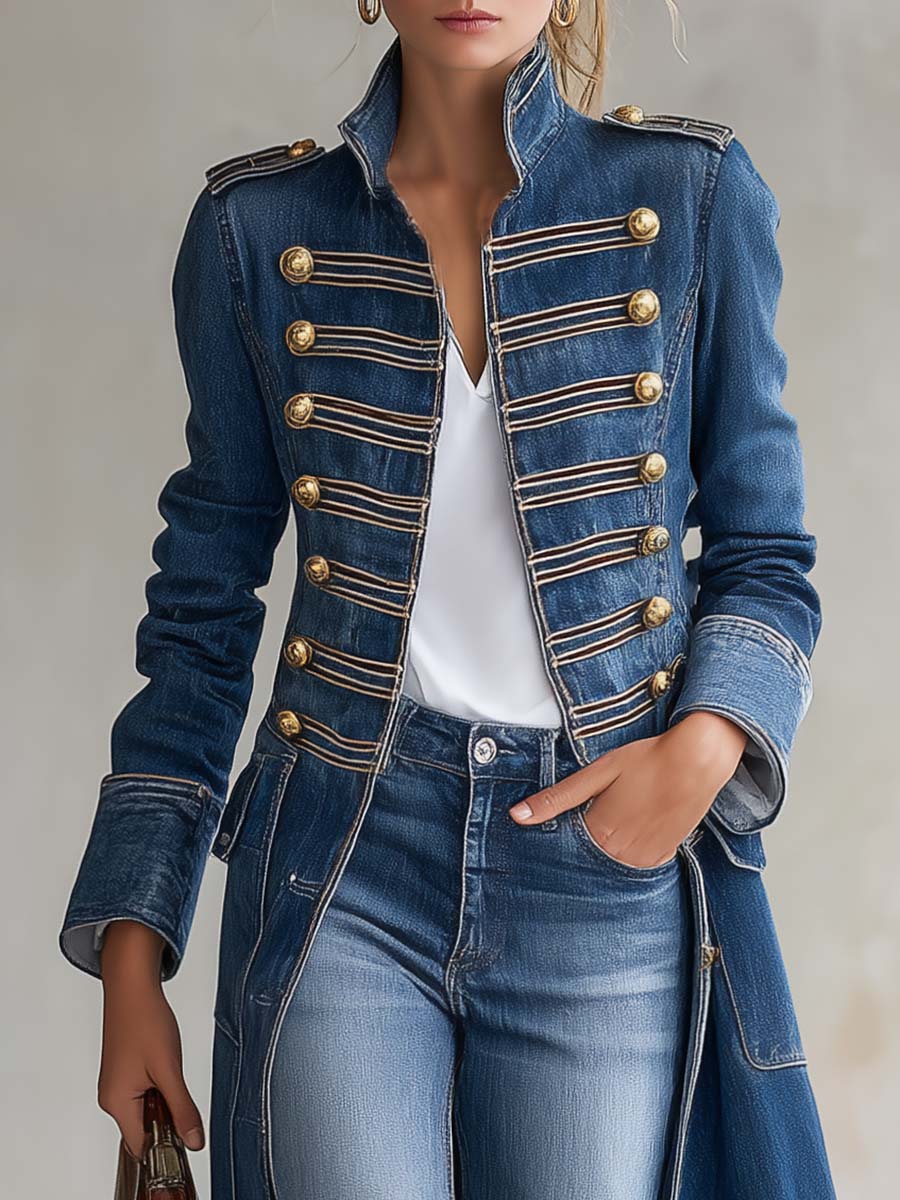 Harriet | Tailored Military-Style Long Denim Coat with Gold Buttons