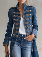 Harriet | Tailored Military-Style Long Denim Coat with Gold Buttons