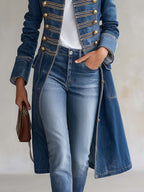 Harriet | Tailored Military-Style Long Denim Coat with Gold Buttons