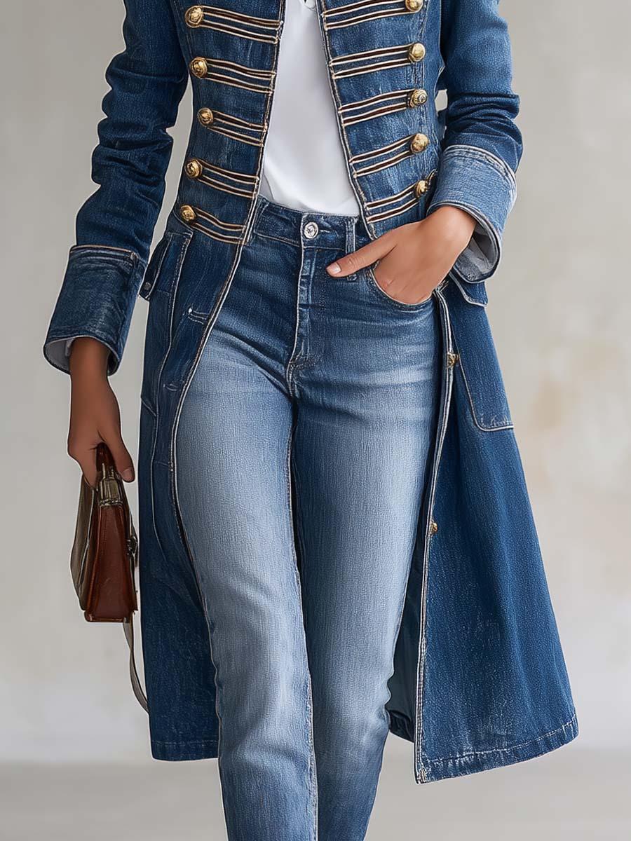 Harriet | Tailored Military-Style Long Denim Coat with Gold Buttons