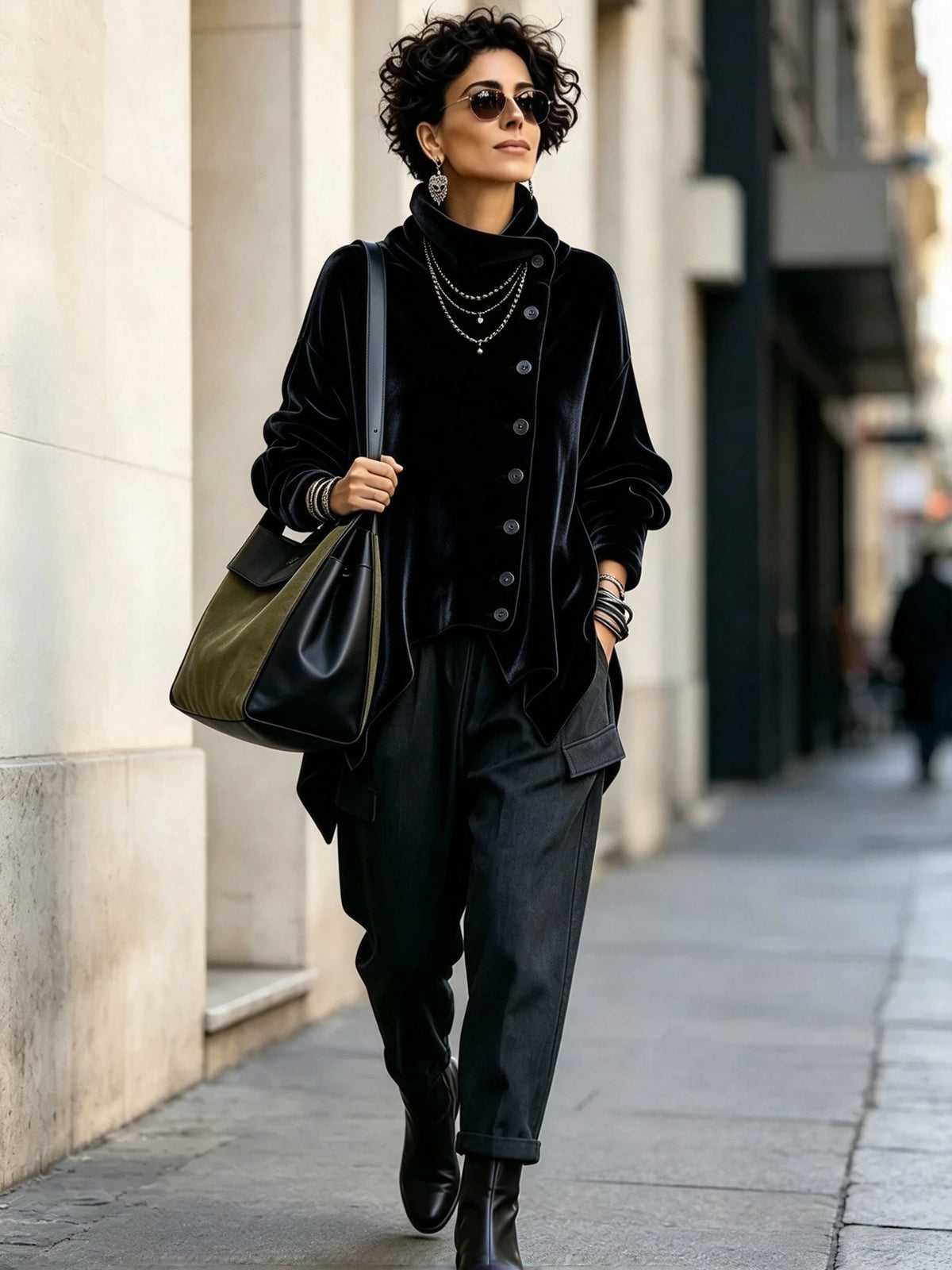 Margaret | Velvet Asymmetric Button Roll-Neck Top