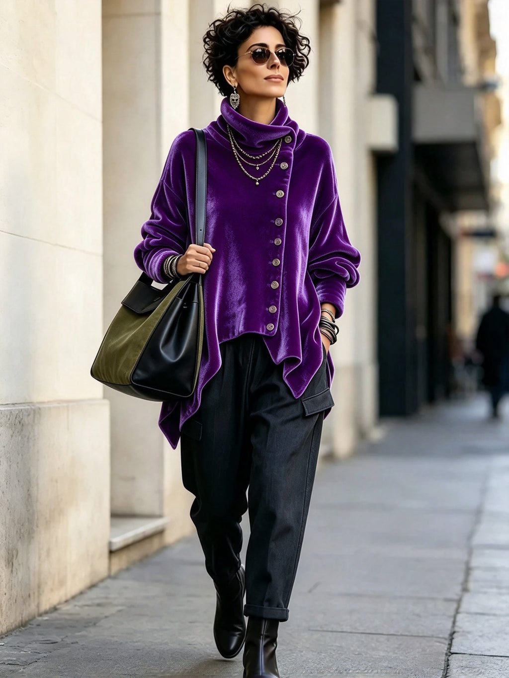 Margaret | Velvet Asymmetric Button Roll-Neck Top
