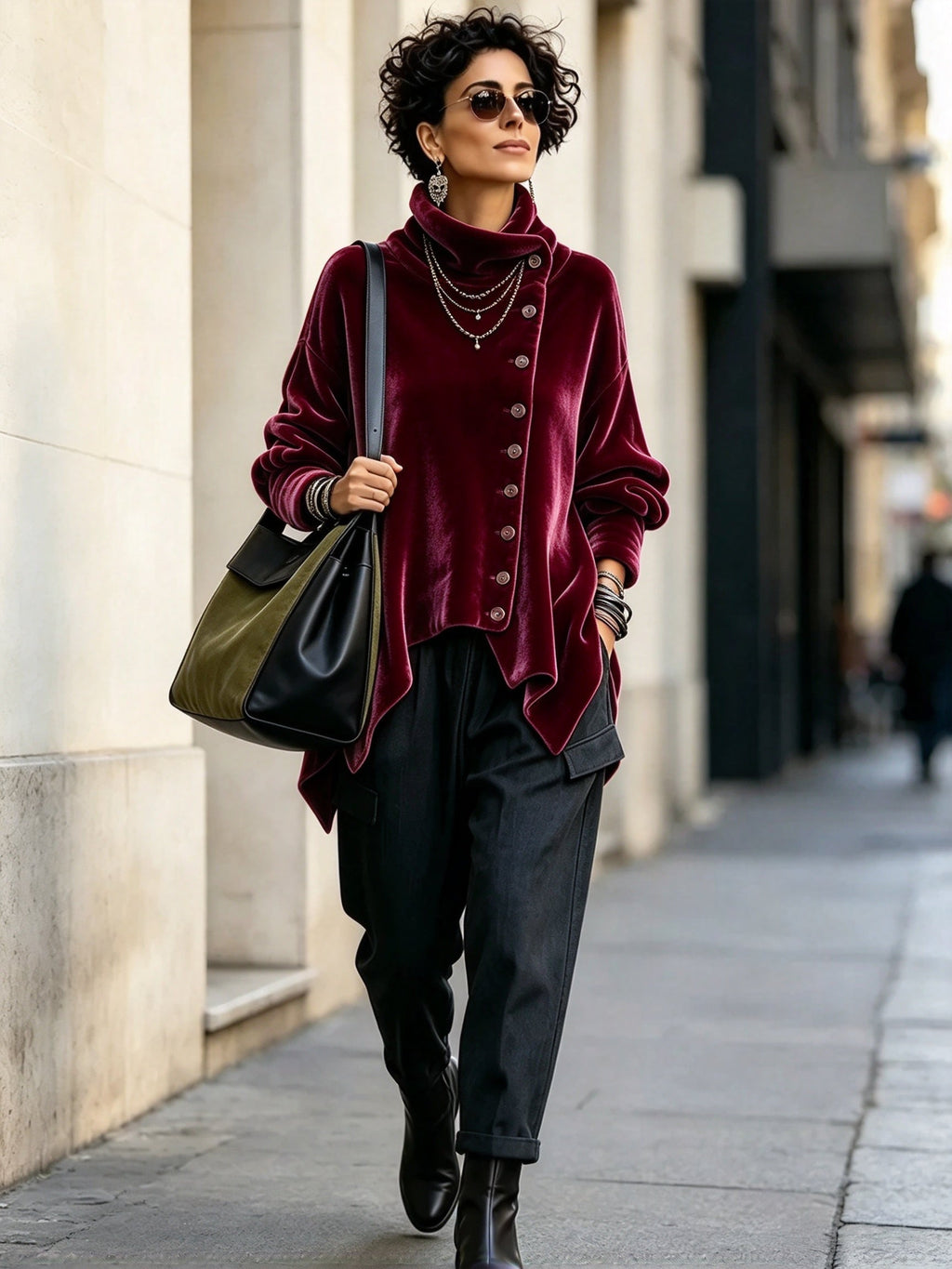 Margaret | Velvet Asymmetric Button Roll-Neck Top