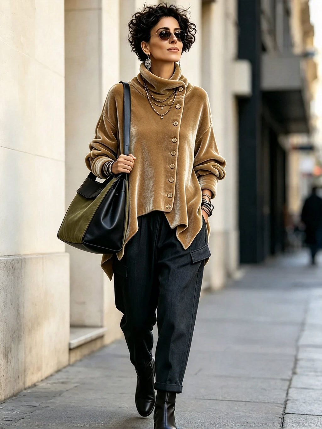 Margaret | Velvet Asymmetric Button Roll-Neck Top