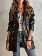 Vintage-style Black Eco-leather Double-breasted Trench Coat