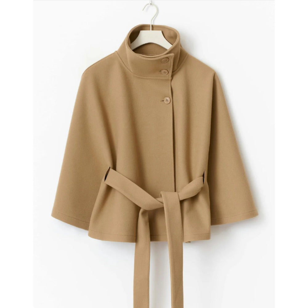 Elegant cape coat with adjustable waist for effortless warmth