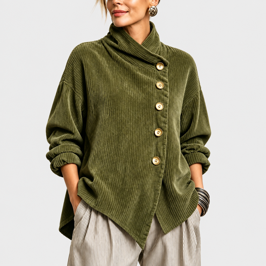 Nina™ | Asymmetric Button Corduroy Roll Neck Top