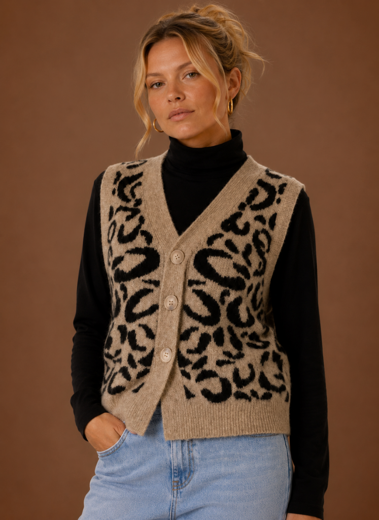 Leopard Print Sweater Vest for Women - Button Front