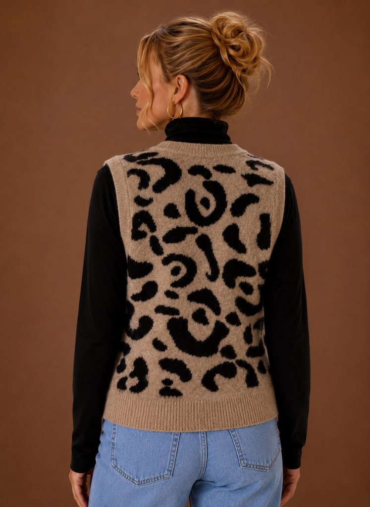 Leopard Print Sweater Vest for Women - Button Front