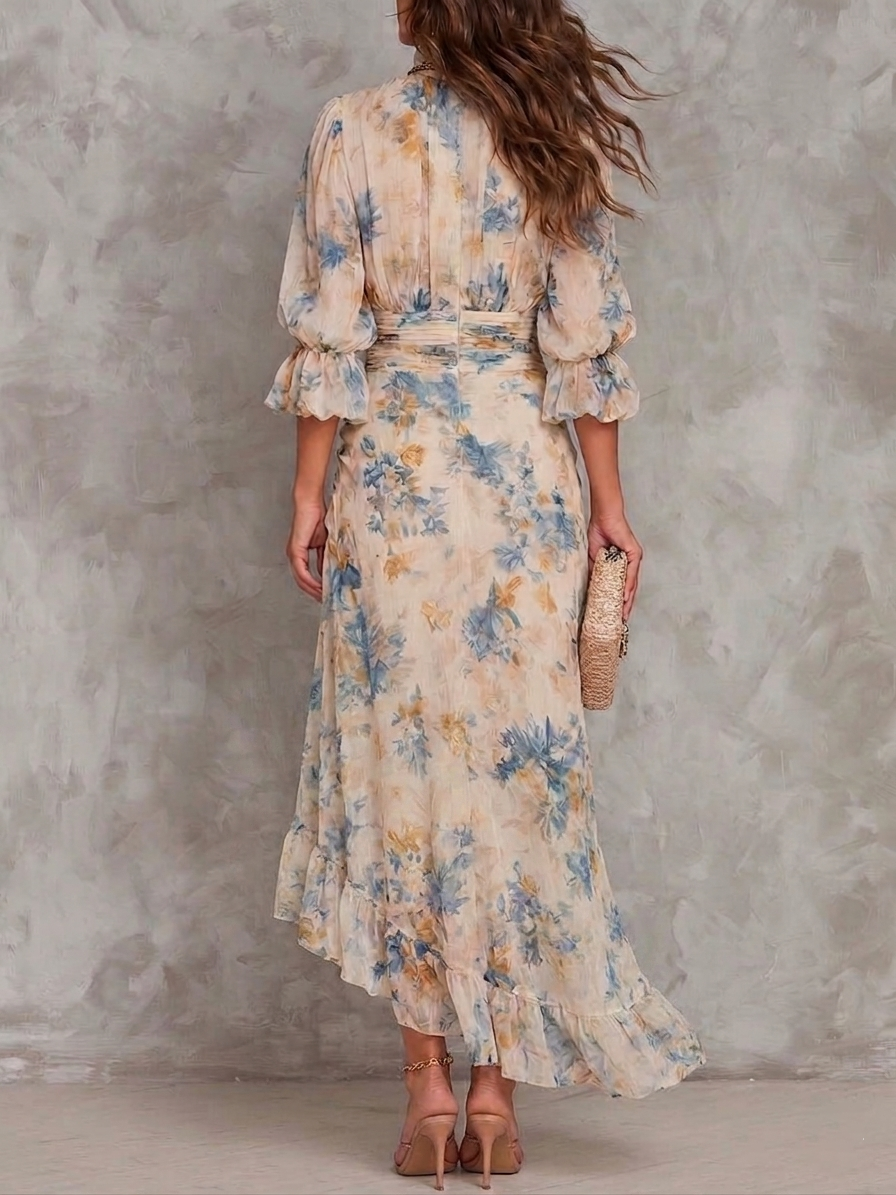 Turtleneck Floral Print Chiffon Maxi Dress