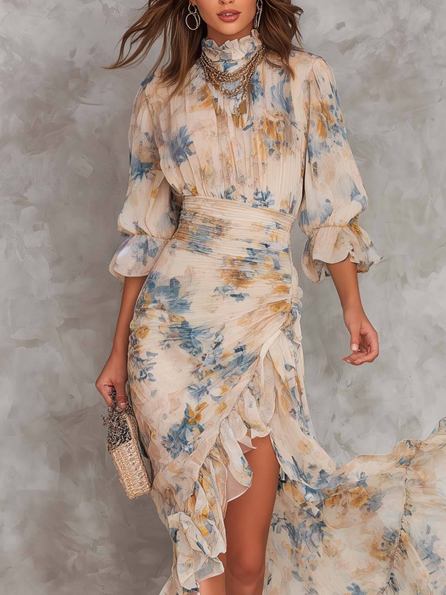 Turtleneck Floral Print Chiffon Maxi Dress