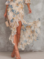 Turtleneck Floral Print Chiffon Maxi Dress