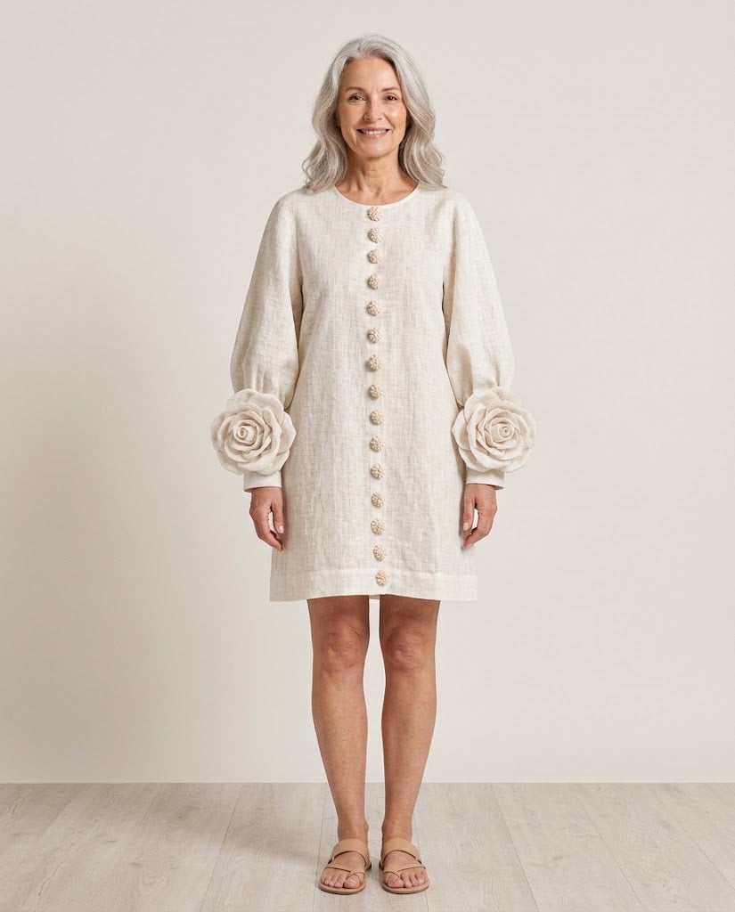 Softly draped shift dress with sculptural rosette cuffs