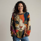 Women's Cat Jumper — Colourful Patchwork Knit Cat Face Sweater Round Neck