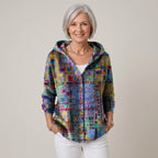 Women's Sage Green Hooded Cardigan — Floral Print Button Front Soft Knit Jacket