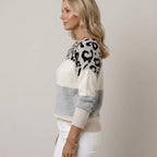 Women's Grey Leopard Print Jumper — Colour Block Knit Round Neck Swea