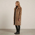 Women's Leopard Print Faux Fur Coat — Longline Lapel Collar Winter Jacket