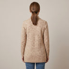 Women's Beige Longline Cardigan — Open Front Shawl Collar Long Sleeve Knit