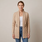 Women's Beige Longline Cardigan — Open Front Shawl Collar Long Sleeve Knit
