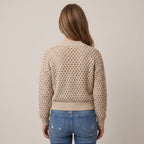 Women's Beige Zip Up Cardigan — Open Knit Crochet Look Long Sleeve Sweater Jacket