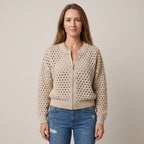 Women's Beige Zip Up Cardigan — Open Knit Crochet Look Long Sleeve Sweater Jacket