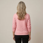 Women's Pink Quarter Zip Jumper — Cable Knit Stand Collar Long Sleeve Top