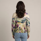 Women's Cream Floral Zip Up Cardigan — Watercolour Thistle Print Stand Collar Knit Jacket