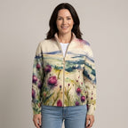 Women's Cream Floral Zip Up Cardigan — Watercolour Thistle Print Stand Collar Knit Jacket