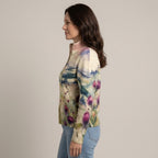 Women's Cream Floral Zip Up Cardigan — Watercolour Thistle Print Stand Collar Knit Jacket