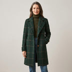 Women's Green Check Winter Coat — Windowpane Notch Lapel Mid Length Jacket