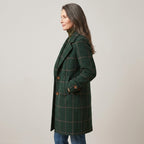 Women's Green Check Winter Coat — Windowpane Notch Lapel Mid Length Jacket