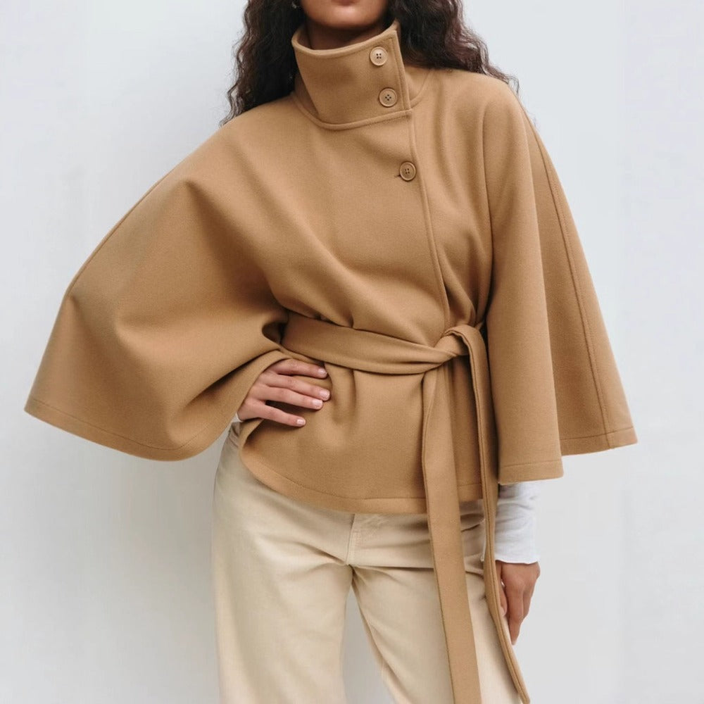 Elegant cape coat with adjustable waist for effortless warmth