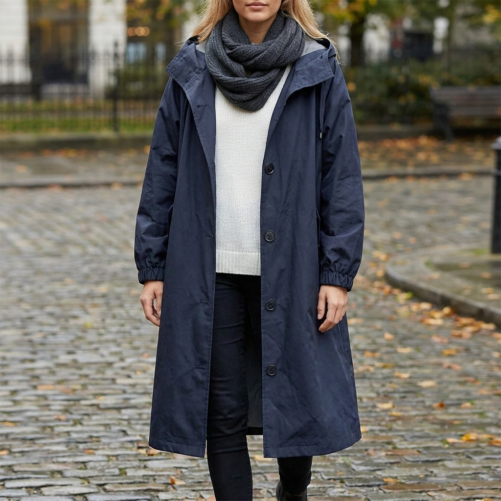 Women's Hooded Raincoat with Button Front and Long Length