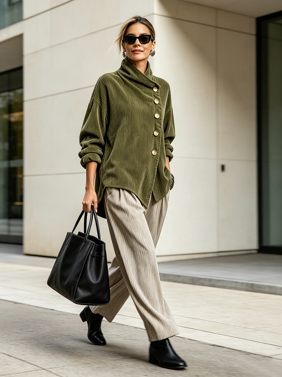 Nina™ | Asymmetric Button Corduroy Roll Neck Top