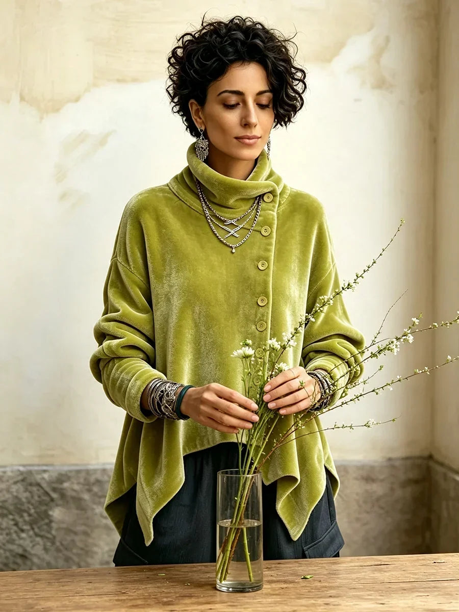 Margaret | Velvet Asymmetric Button Roll-Neck Top