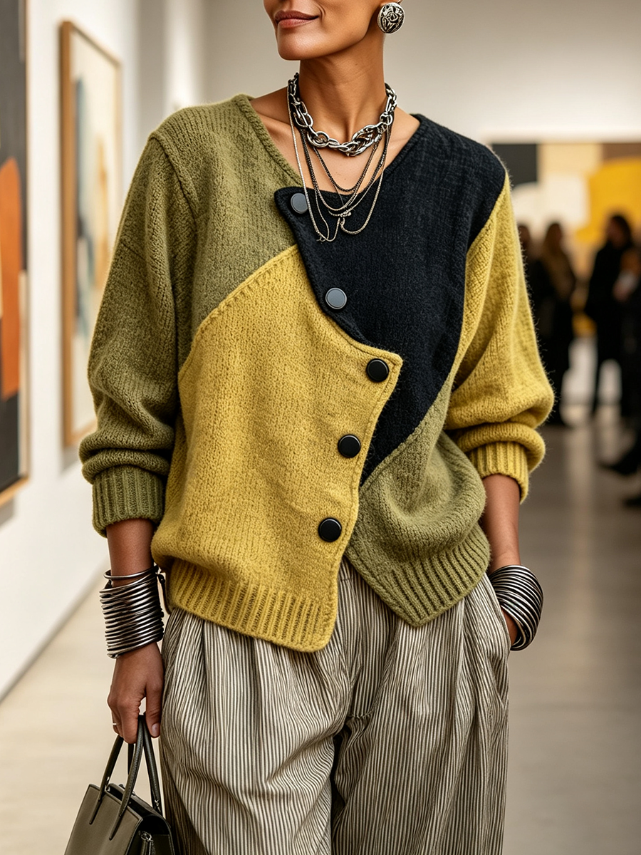 Artistic Cozy Asymmetric Color-block Knit Cardigan