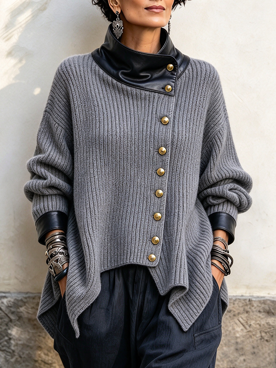 Olivia | Faux Leather Trim Knit Cardigan Jacket