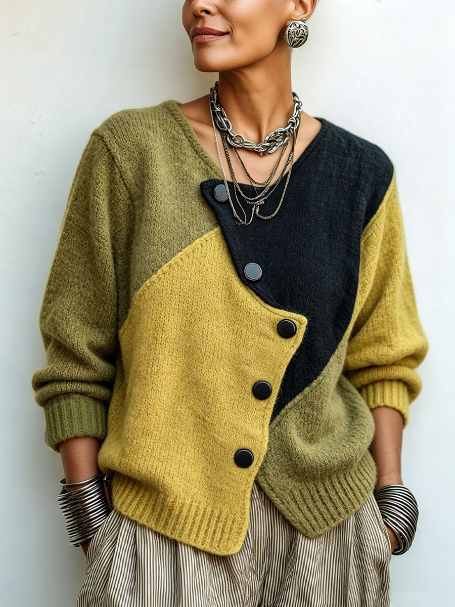 Artistic Cozy Asymmetric Color-block Knit Cardigan