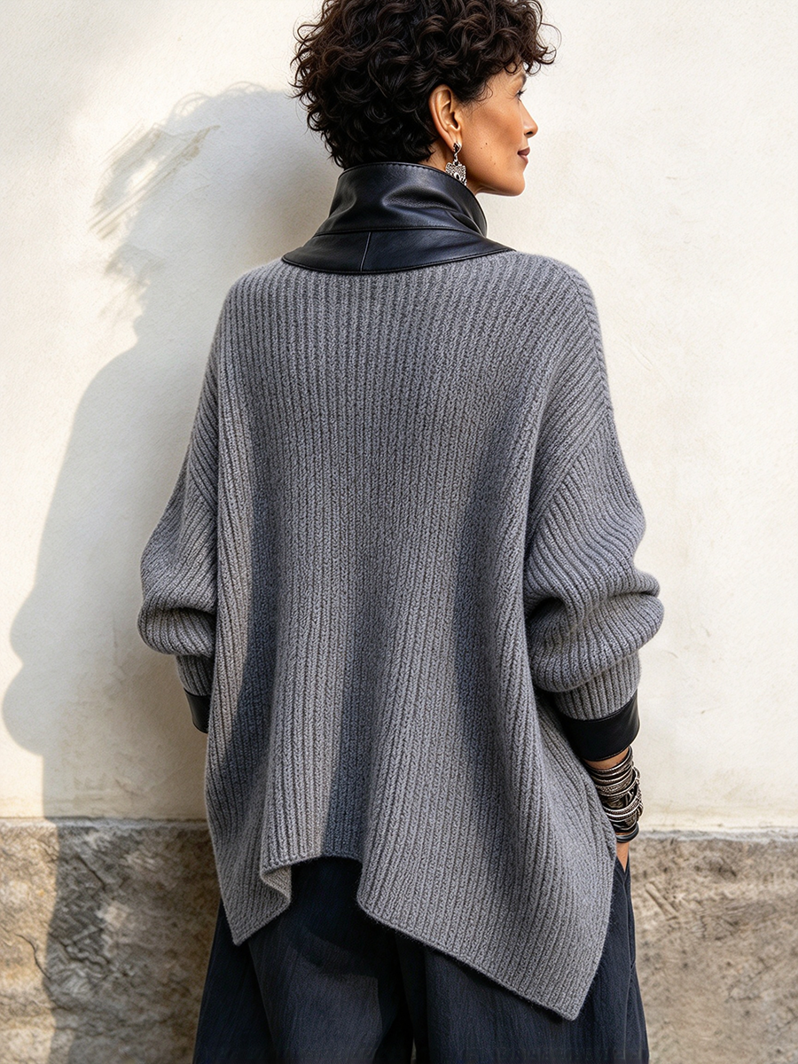 Olivia | Faux Leather Trim Knit Cardigan Jacket