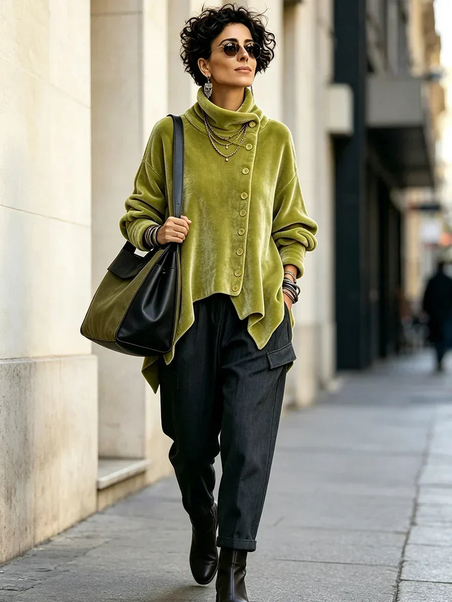 Margaret | Velvet Asymmetric Button Roll-Neck Top