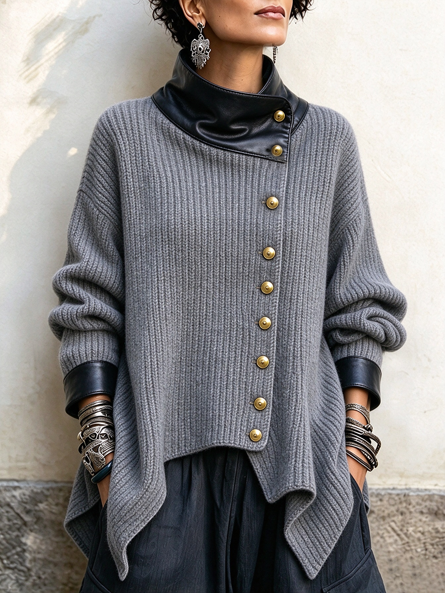 Olivia | Faux Leather Trim Knit Cardigan Jacket