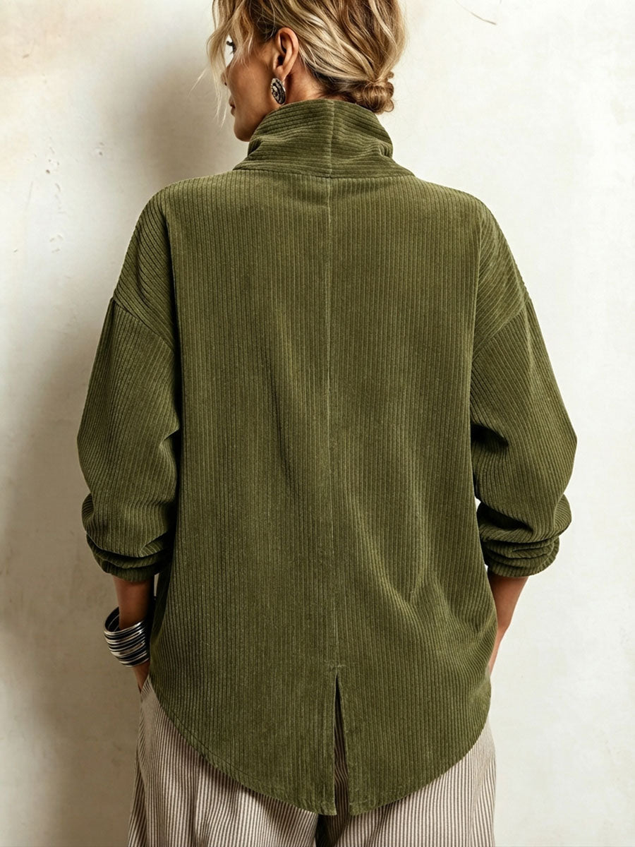 Nina™ | Asymmetric Button Corduroy Roll Neck Top